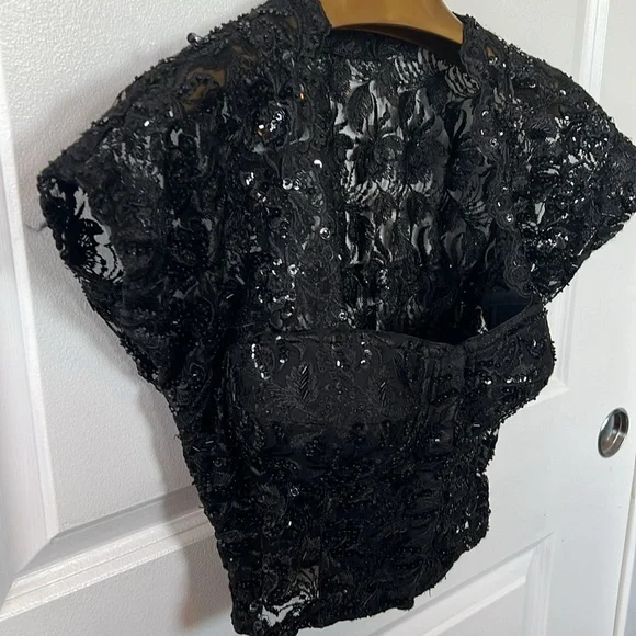 Rare vtg 90s BLACK LACE BUSTIER crop top sequins beads eyelets size 34 Madonna - Picture 6 of 12